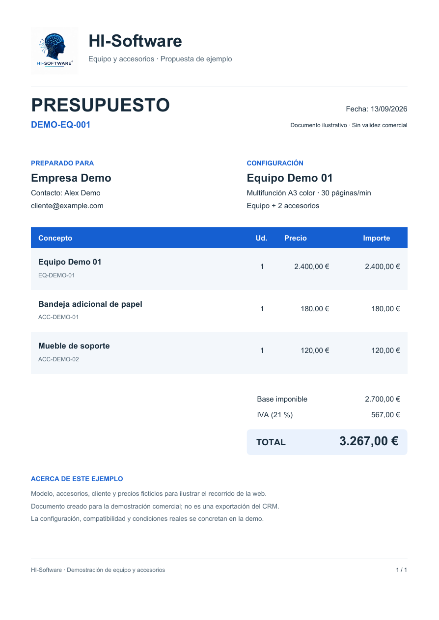 Vista previa del PDF de ejemplo: Equipo Demo 01, bandeja y mueble; total 3.267 euros